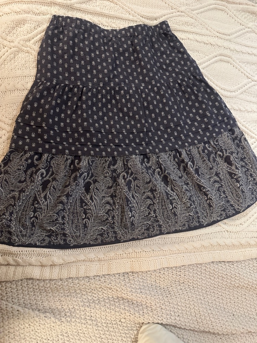 J. Jill Navy Blue Tiered Midi Skirt with Paisley Border